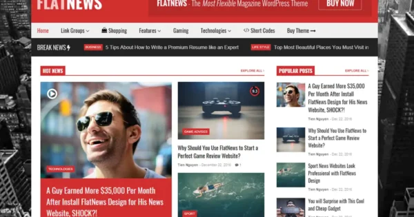 FlatNews WordPress Theme magazine-style homepage with featured news slider